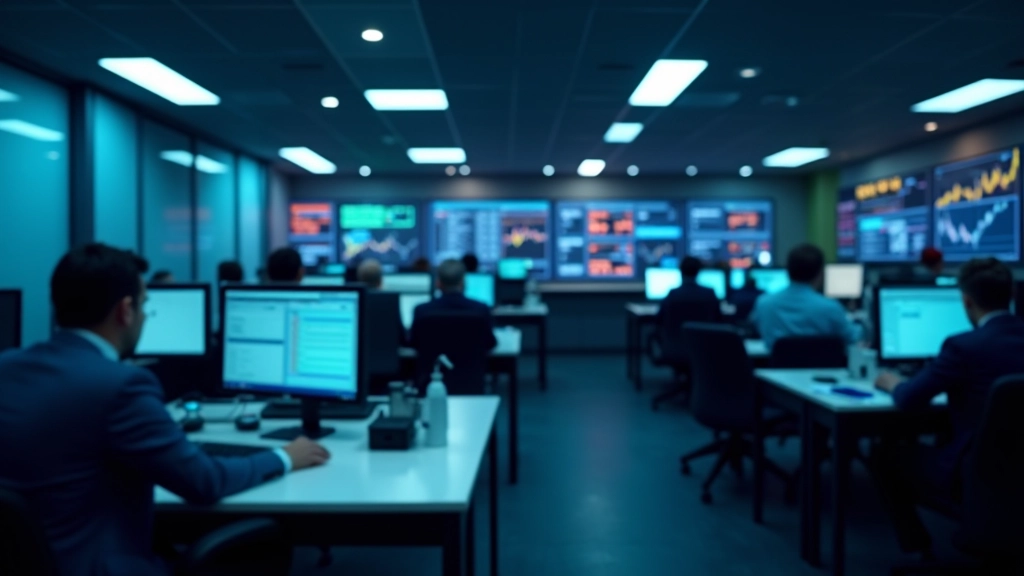 Overhead view of commodity trading floor with multiple monitors displaying live market data and price charts