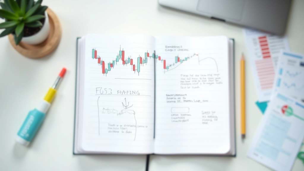 Notebook with hand-drawn market structure sketches and financial charts arranged on desk