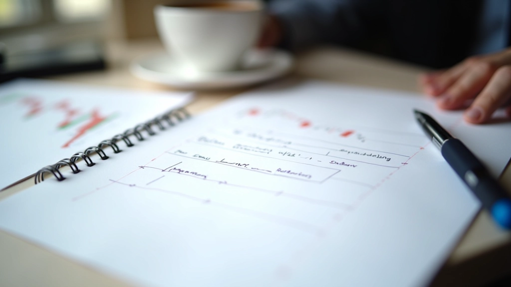 Handwritten trading notes and sketches on paper with market charts and analysis written by hand