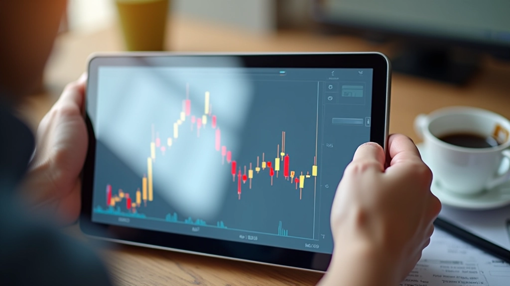 Candlestick chart patterns displayed on tablet screen with stylus and coffee cup on desk