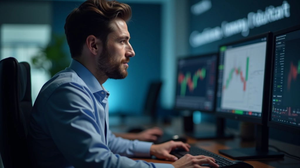Trader analyzing price charts on multiple monitors in a professional trading environment