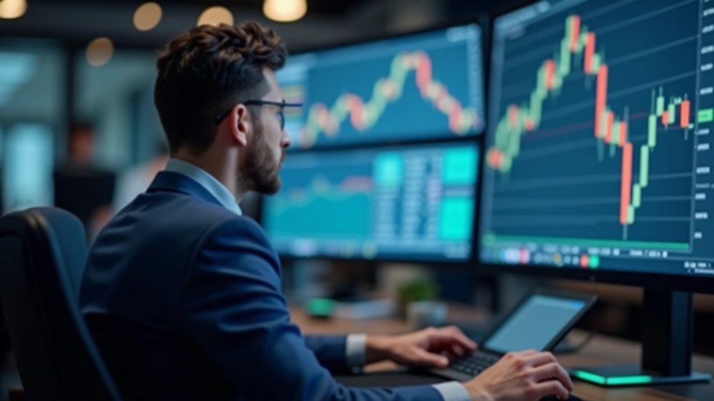 Trader analyzing candlestick patterns on multiple computer monitors in a trading office environment with market data displayed