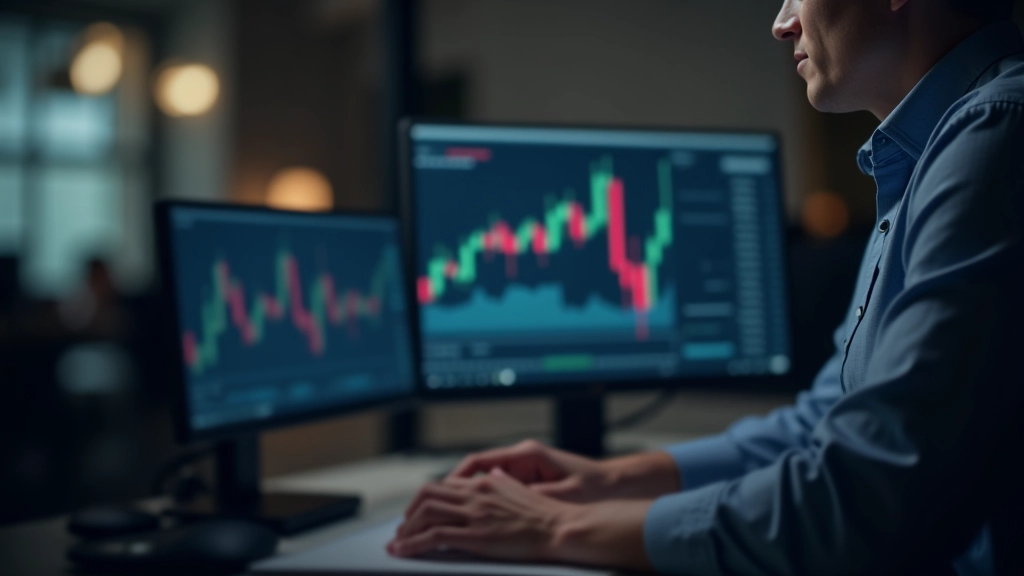 Close-up of financial trading screen showing candlestick chart with multiple indicators and price levels marked