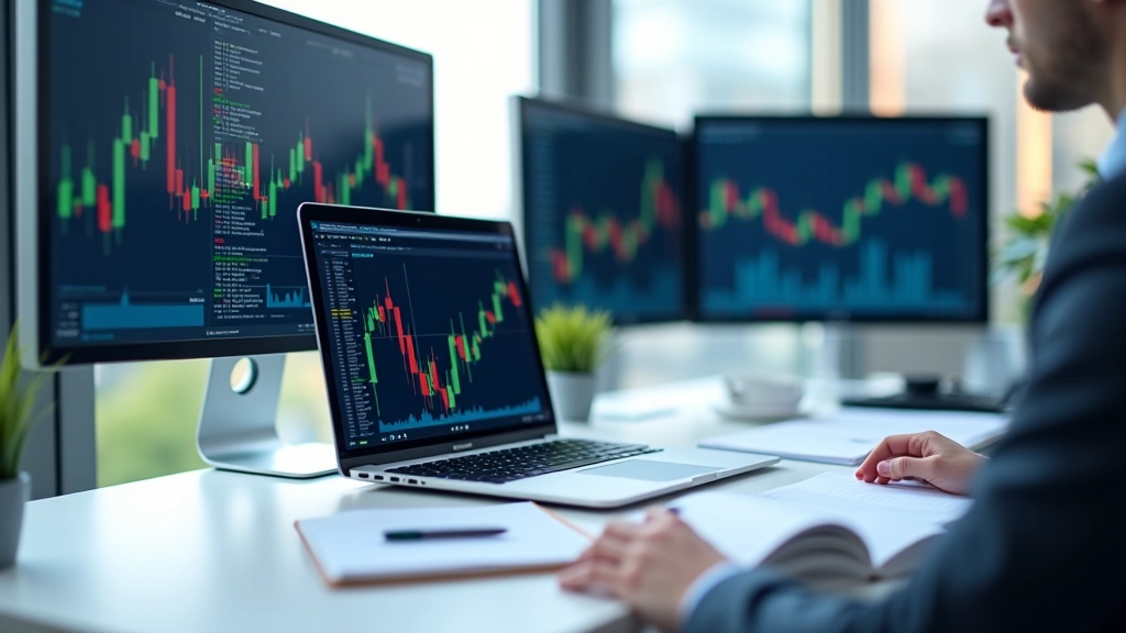 Laptop displaying financial charts and market data with keyboard and notebook on desk